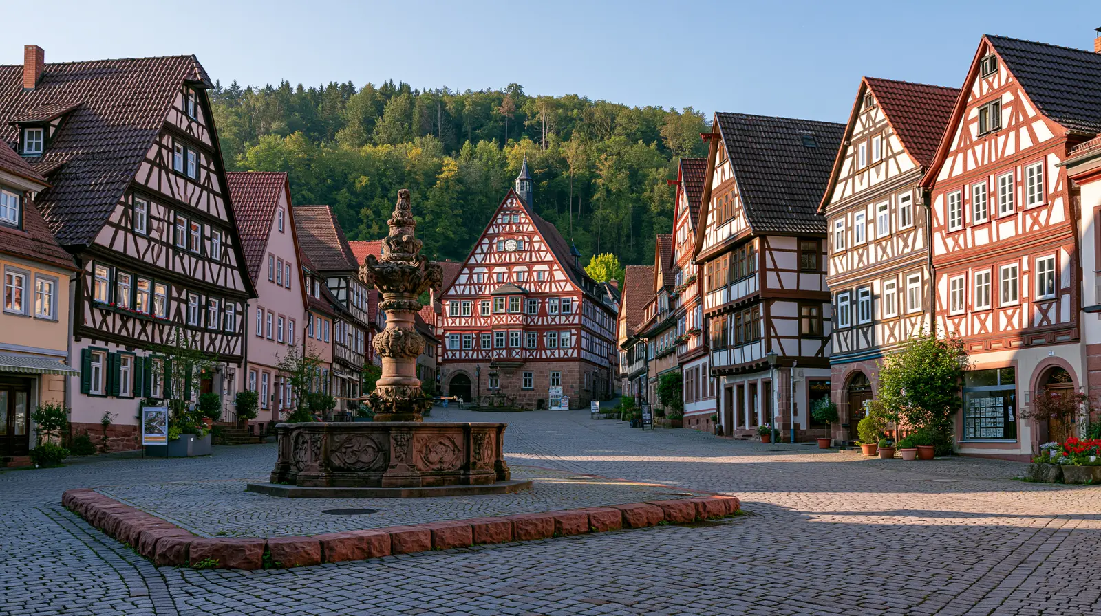 Ansteigender Marktplatz mit Fachwerkhäusern und steinernem Brunnen
