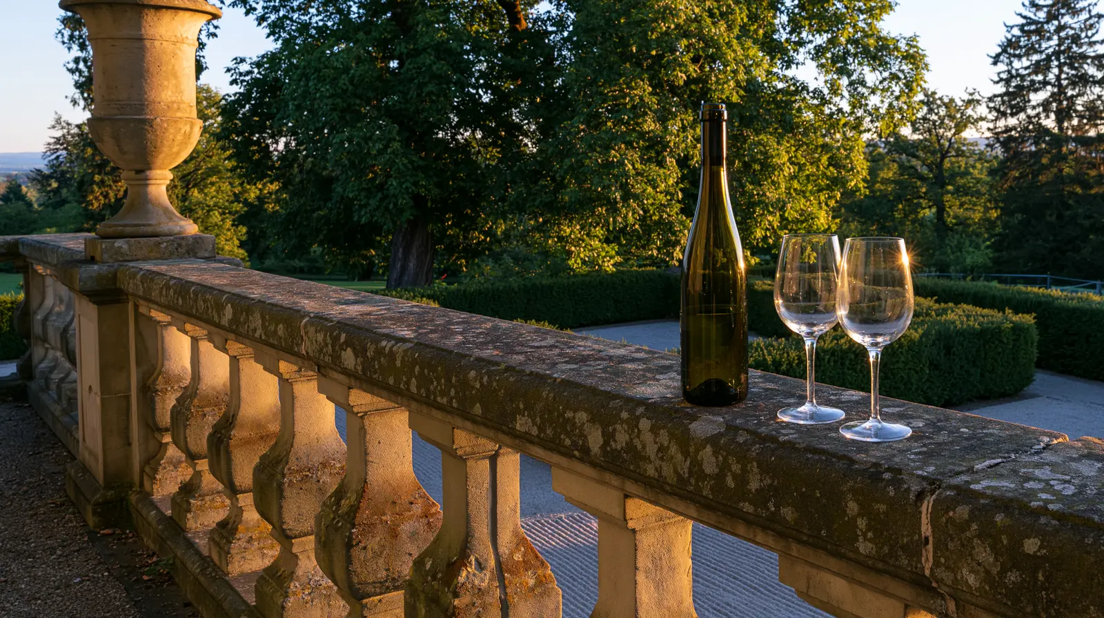 Fränkische Weinflasche und Gläser auf einer Sandsteinbalustrade